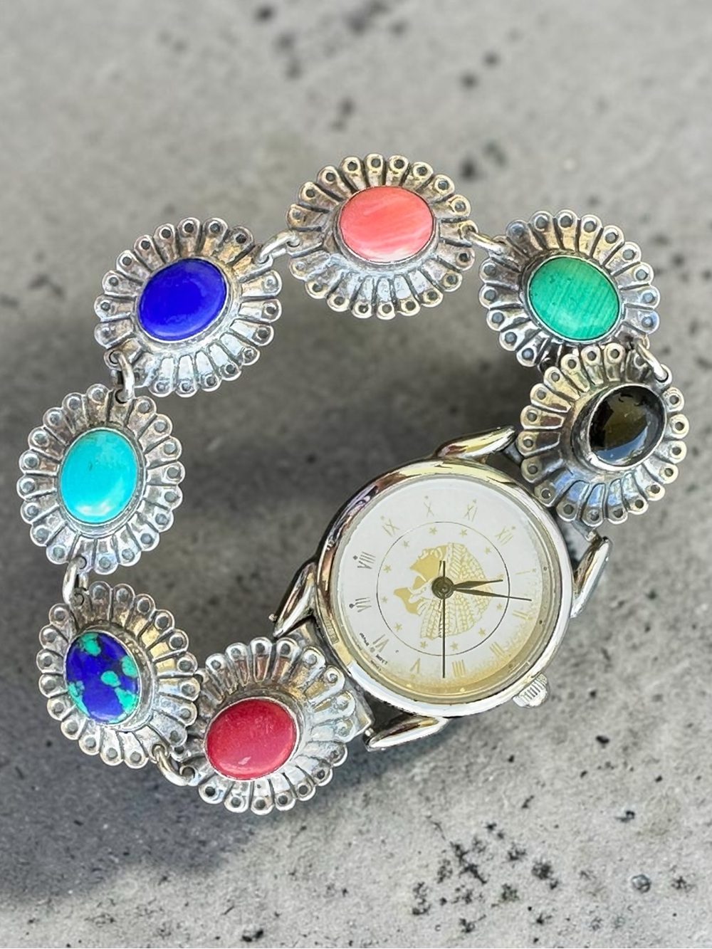 Vintage Southwest Traditions Multi-Stone Sterling Silver Link Watch - New Batter